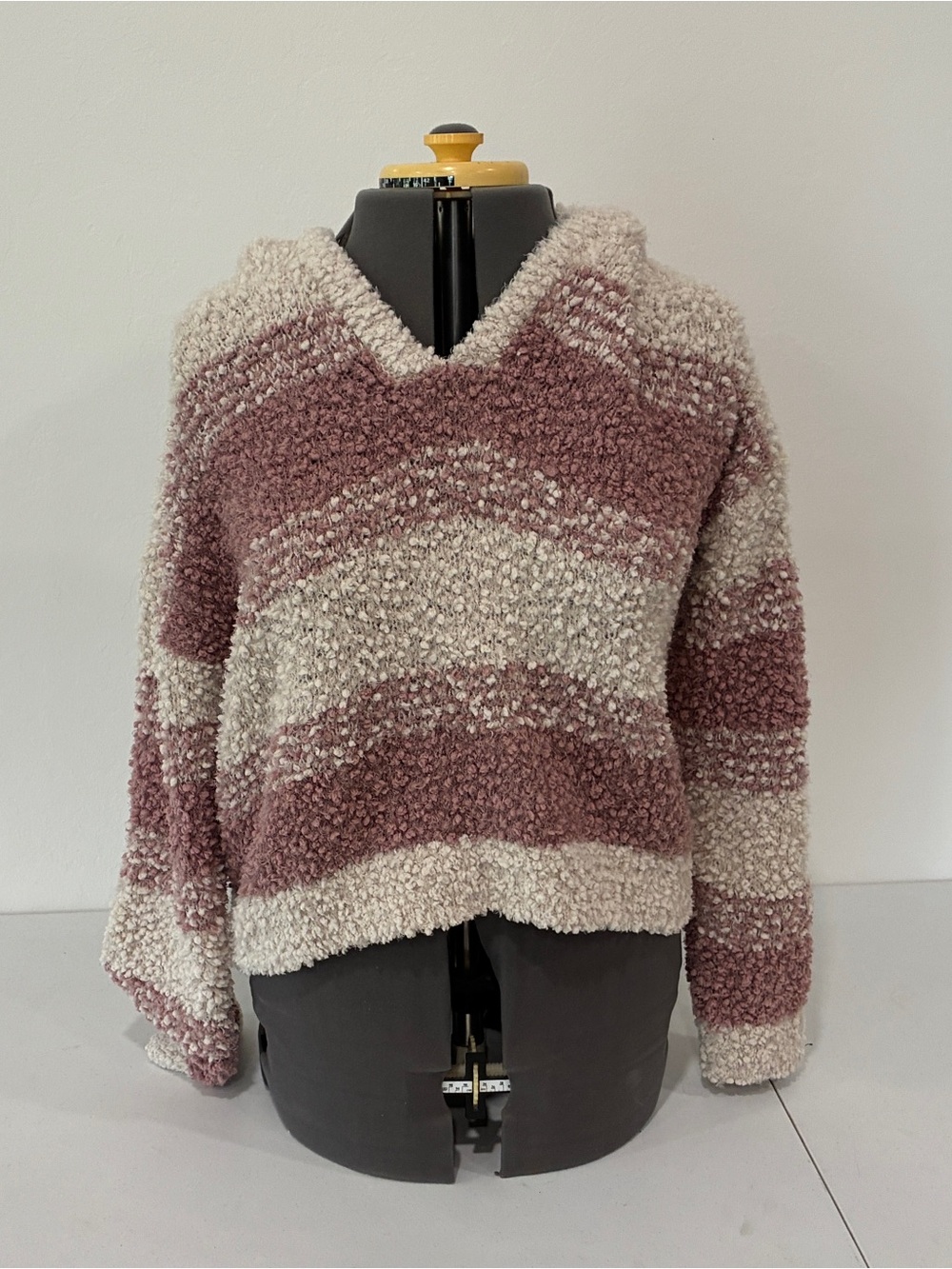 Hippie Rose Large Mauve Cream Striped Popcorn Knit Pullover Hoodie Sweater